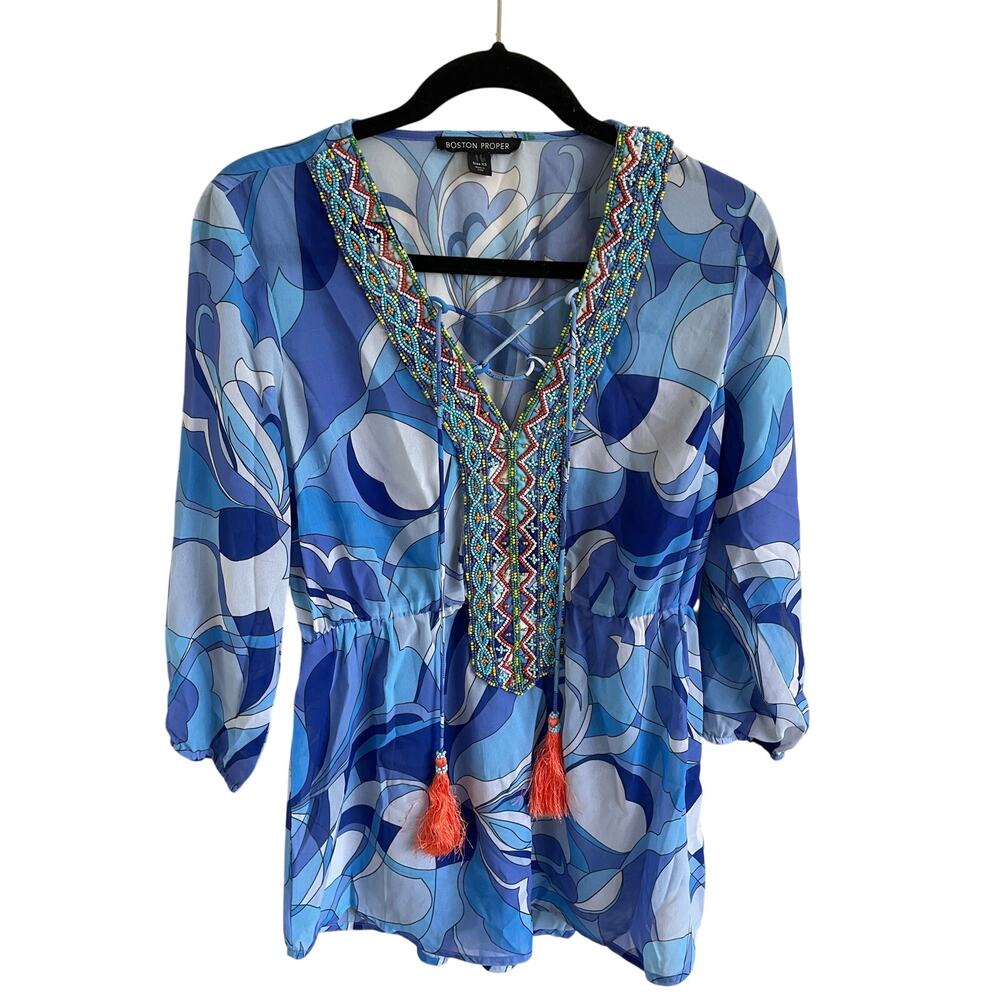 Boston Proper Beaded Boho Tunic Cover Up | Y2K Resort Coastal Chic Tassel Top XS